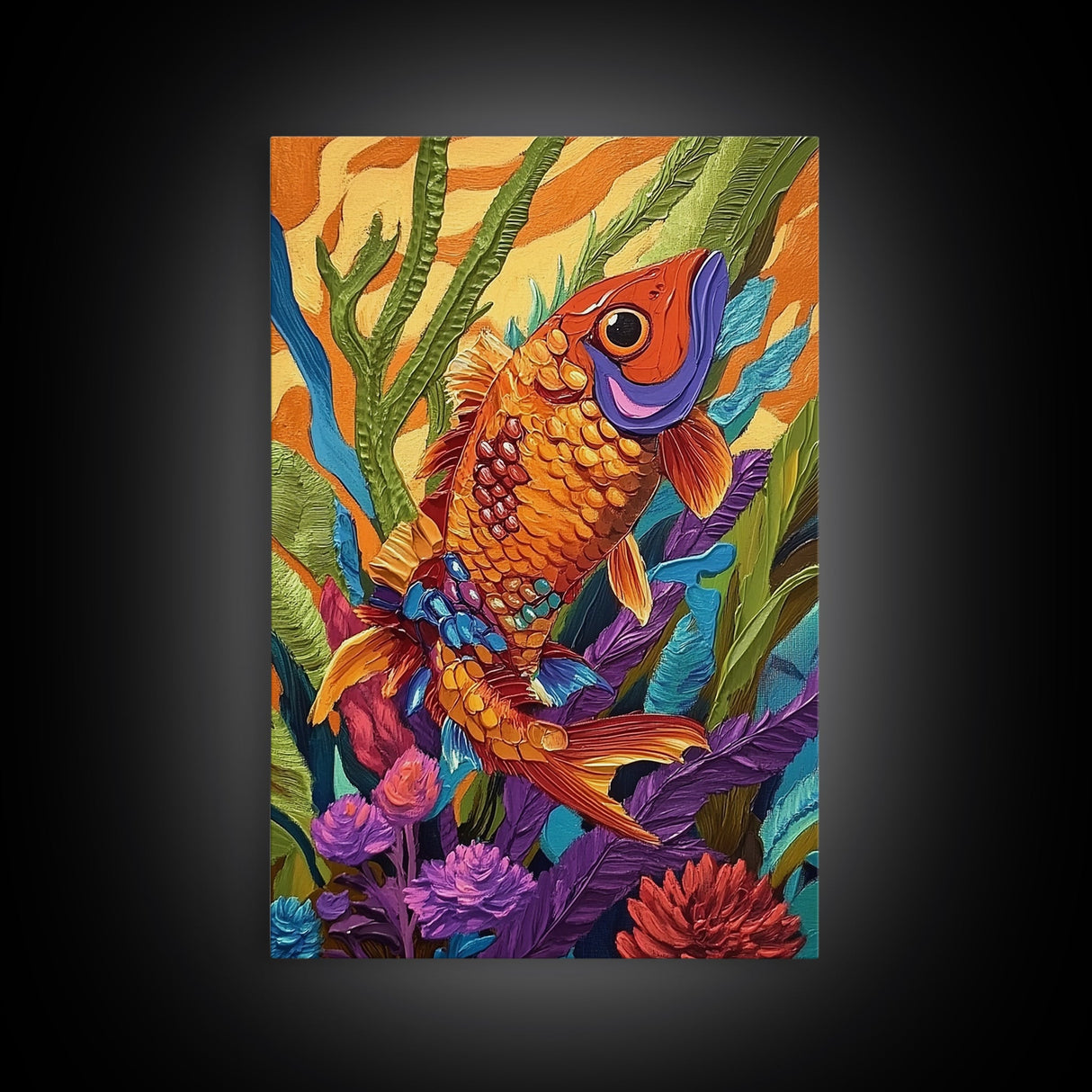 Bold Colorful Fish Art, Framed Canvas Print, Underwater wall decor, boho ocean art, tropical fish painting, bathroom wall art