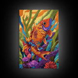 Bold Colorful Fish Art, Framed Canvas Print, Underwater wall decor, boho ocean art, tropical fish painting, bathroom wall art