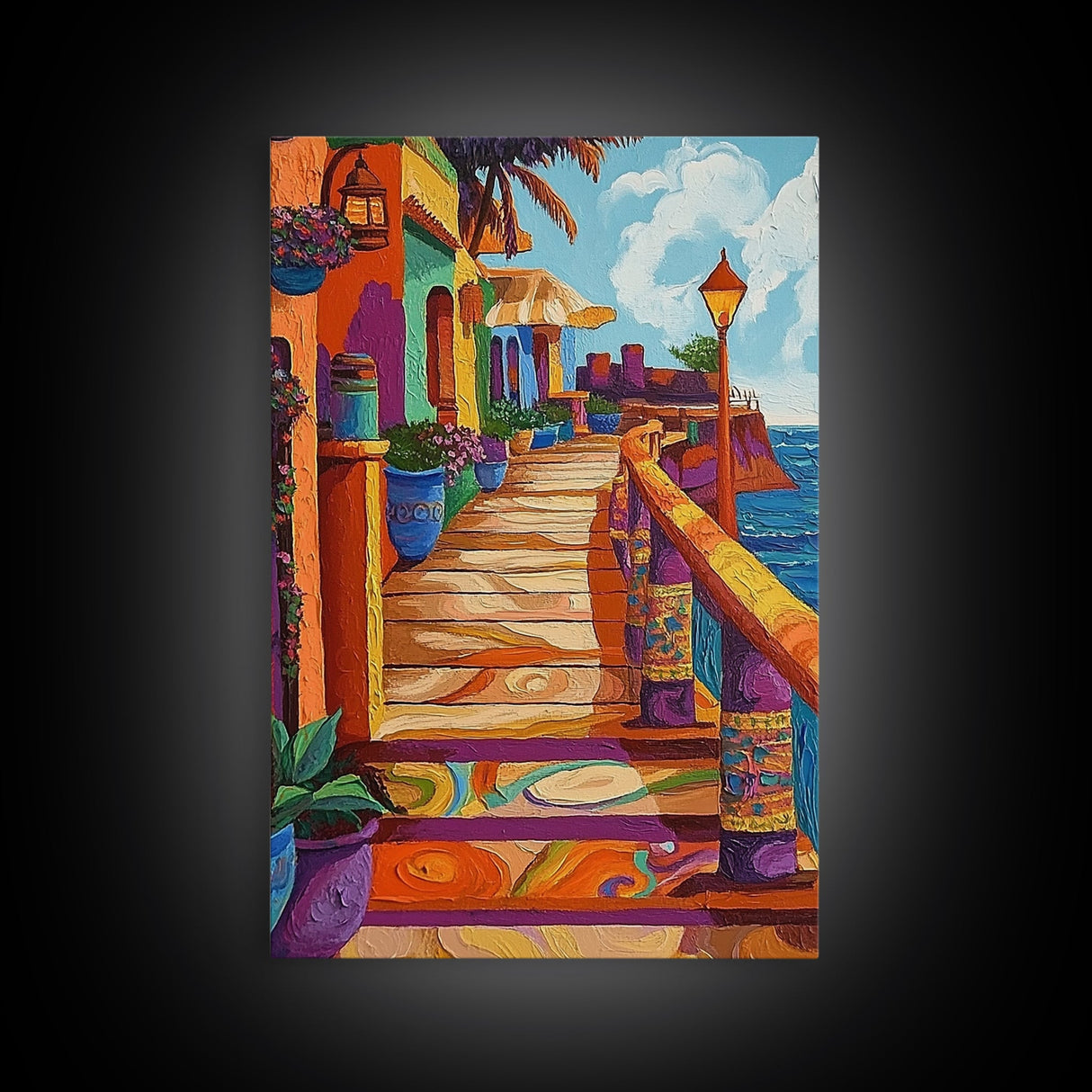 Coastal Colorful Pathway Painting, Framed Canvas Print, Boho coastal wall art, beach town painting, hallway decor, summer vibe