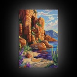 Desert Cliffside, Ocean View, Nature Painting, Colorful Landscape, Living Room Wall Art, Framed Canvas Print, Southwest Home Decor