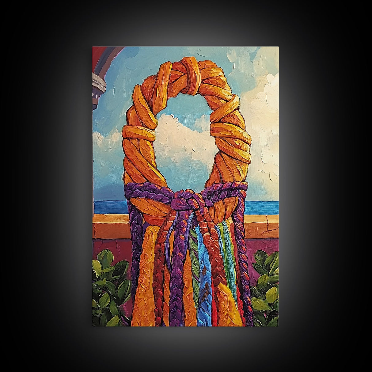Woven Wreath, Rainbow Wall Decor, Bold Colorful Texture, Rustic Charm, Fall Entryway Art, Canvas Print, Handmade Style Vibe