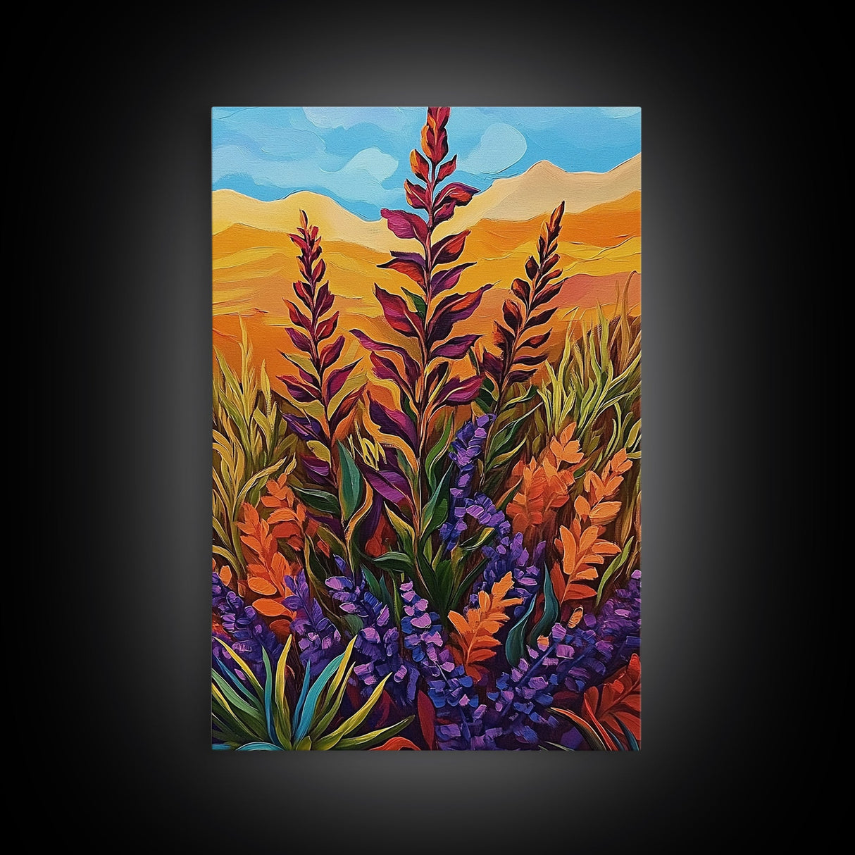 Wildflower Field, Autumn Leaves, Mountain Sunset, Earth Tones, Fall Botanical Art, Living Room Wall Art, Framed Canvas Print