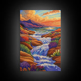Waterfall Stream, Sunset Sky, Mountain Flow, Fall Colors, Nature Home Decor, Rustic Cabin Vibe, Canvas Print, Living Room Wall Art
