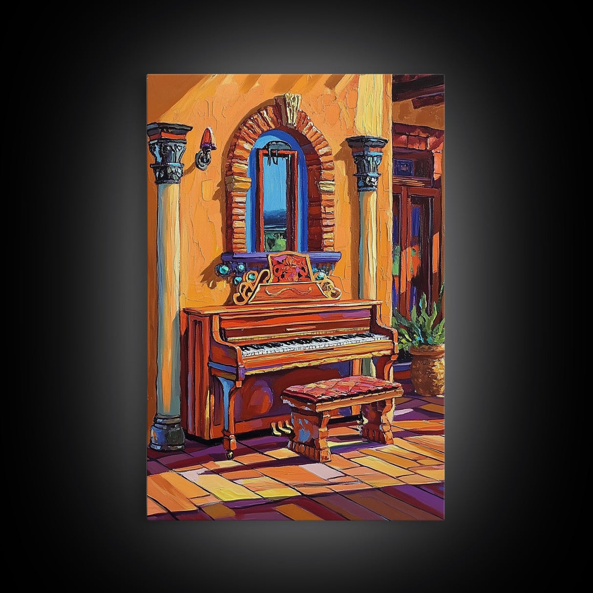 Spanish Piano, Sunlit Interior, Warm Rustic Style, Music Room Wall Art, Traditional Decor, Framed Canvas Print, Mediterranean Home Vibe