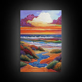 Coastal Sunset, Rolling Waves, Vibrant Beachscape, Boho Ocean Scene, Living Room Wall Art, Seaside Decor, Framed Canvas Print