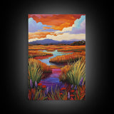 Autumn Wetlands, Sunset Marsh, Nature Escape, Rustic Color Landscape, Farmhouse Style, Fall Decor, Canvas Print, Entryway Wall Art