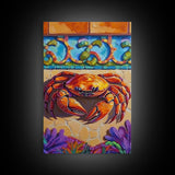 Colorful Crab, Coastal Tile Art, Beachy Wall Accent, Nautical Style, Kitchen Wall Art, Seaside Decor, Canvas Print, Tropical Vibe