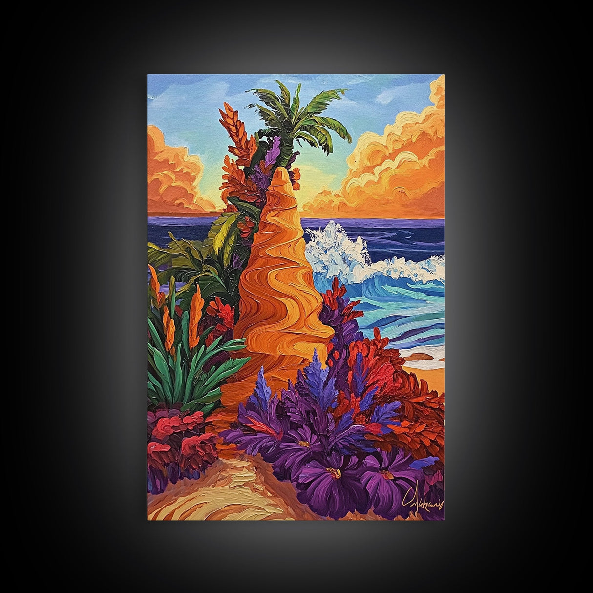 Tropical Bluff, Palm Trees, Coastal Fantasy Scene, Bold Beach Colors, Seaside Home Decor, Canvas Print, Living Room Wall Art