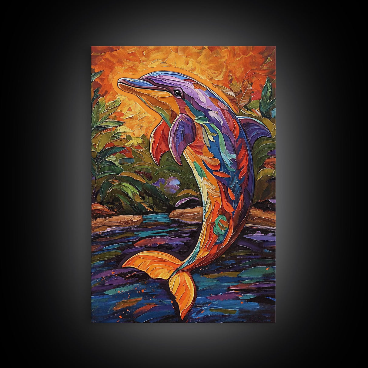 Dolphin Colorful Ocean Art, Framed Canvas Print, Tropical beach art, boho animal painting, coastal nursery wall art, vivid decor