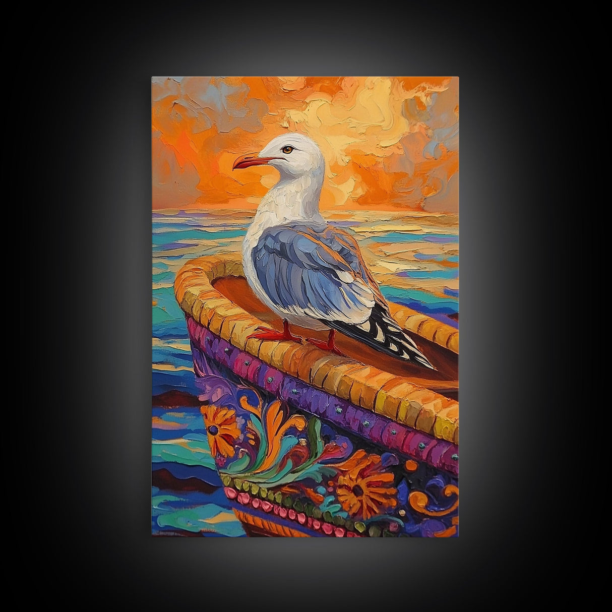 Seagull View, Coastal Bird, Sunset Sky, Ocean Perch, Framed Canvas Print, nautical bird art, hallway wall decor, seagull boho art