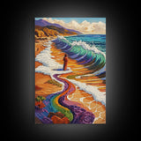 Rainbow Wave, Beach Woman, Mystical Shoreline, Color Explosion, Framed Canvas Print, Spiritual Wall Art, Vibrant Meditation Art