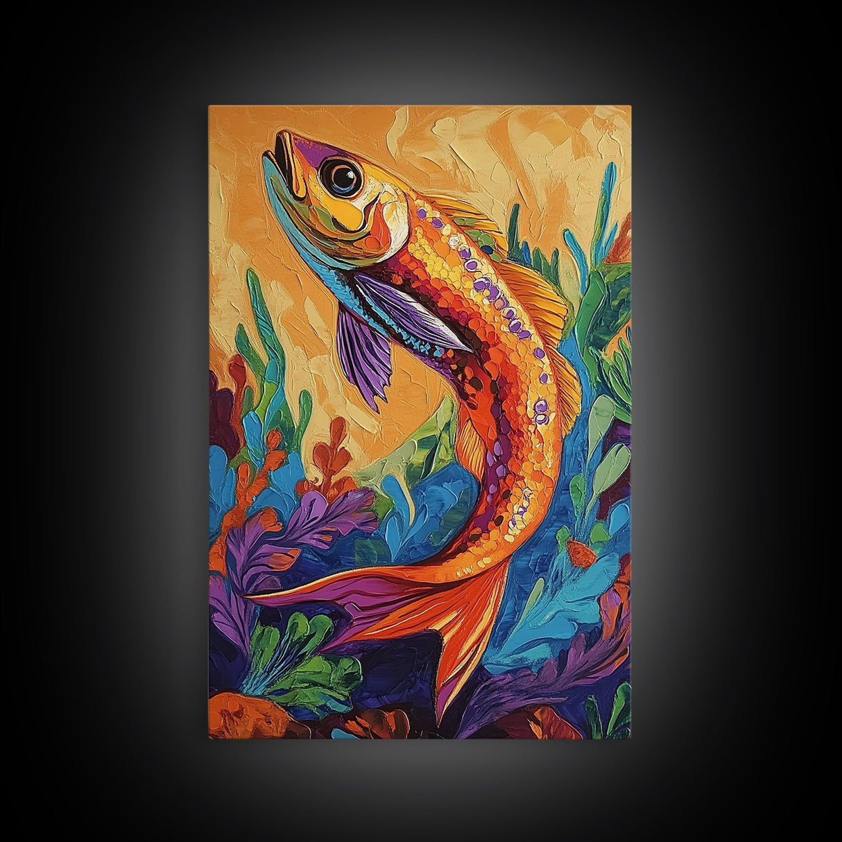 Colorful Tropical Fish, Ocean Wall Art, Coastal Sea Life Painting, Framed Canvas Print, Underwater Theme, Bathroom Decor, Bold Nautical Style