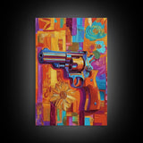 Pop Art Revolver, Bold Gun Art, Urban Wall Decor, Framed Canvas Print, Eclectic Studio Wall Art, Psychedelic Style, Colorful Abstract Art