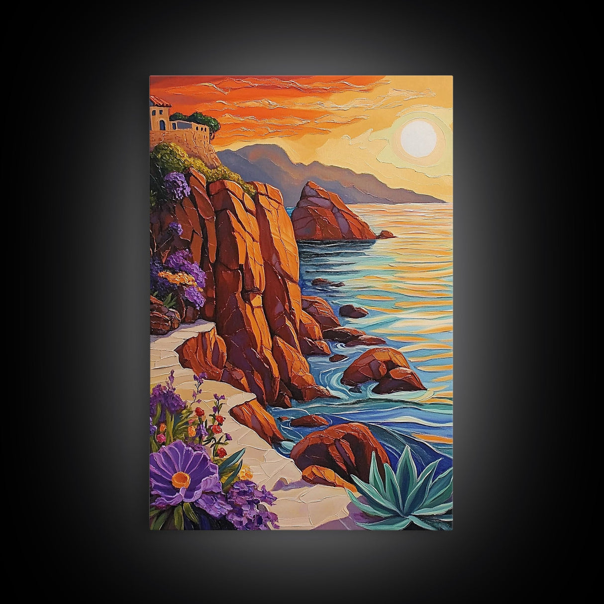 Sunset Coast, Rocky Shore, Ocean Glow, Golden Hour, Framed Canvas Print, Living Room Wall Art, Nature Landscape Decor, Coastal Fall Artwork
