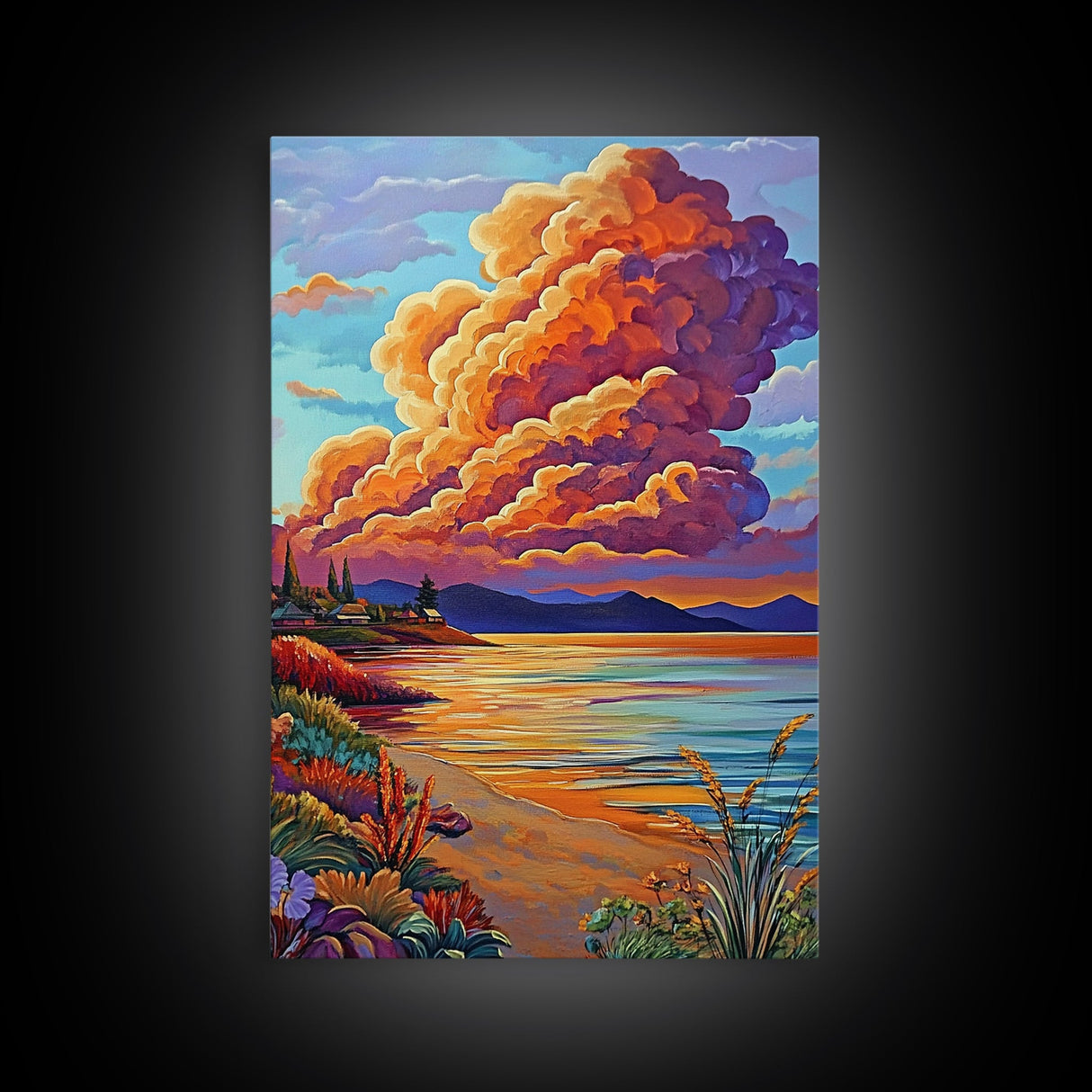 Sunset Bay, Dramatic Clouds, Lakeside View, Village Scene — Canvas Print rustic lake house decor, Fall living room wall art, scenic painting