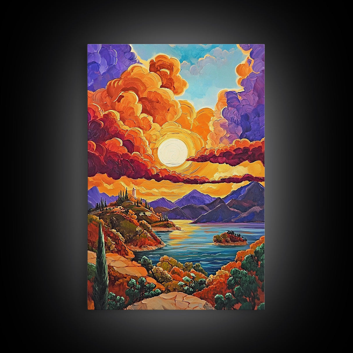 Golden Sky, Mountain Lake, Sunset Clouds, Vibrant Hills — Canvas Print whimsical nature scene, bold landscape wall decor, cozy Autumn vibe