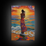 Sunset Beach Woman, Ocean Waves Art, Boho Coastal Decor, Tropical Wall Art, Canvas Print, Living Room Accent, Vibrant Beach Scene