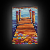 Painted Dock Scene, Vibrant Water Art, Lake House Decor, Canvas Print, Boho Coastal Wall Art, Summer Vibes, Nature Inspired