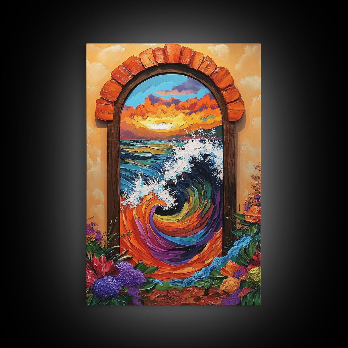 Ocean Wave Portal, Whimsical Sea Art, Sunset Coastal Decor, Framed Canvas Print, Living Room Accent, Vivid Nautical Painting