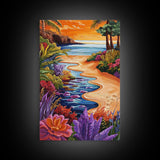 Tropical Beach Path, Sunset Garden Vibes, Colorful Coastal Landscape, Canvas Print, Boho Summer Decor, Bathroom Wall Art