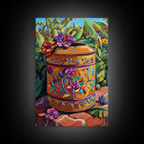 Floral Pot Still Life, Garden Patio Art, Colorful Ceramic Design, Framed Canvas Print, Kitchen Wall Art, Bohemian Home Style