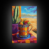 Fruit Mug Art, Coastal Kitchen Decor, Colorful Summer Vibes, Framed Canvas Print, Bright Wall Art, Boho Dining Room Accent