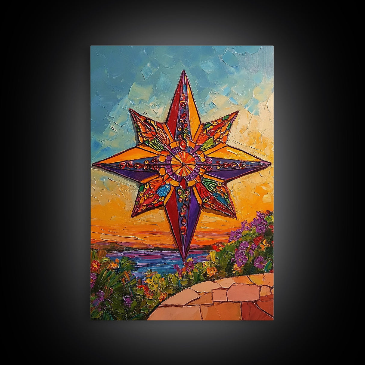 Colorful Starburst Sky, Sunset Mosaic Star Art, Vibrant Landscape Design, Canvas Print, Fall Living Room Decor, Boho Wall Accent
