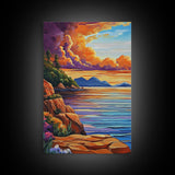 Sunset Shore, Tranquil, Mountains, Framed Canvas Print scenic mountain coast, sunset wall art, calming nature art, bohemian living room decor
