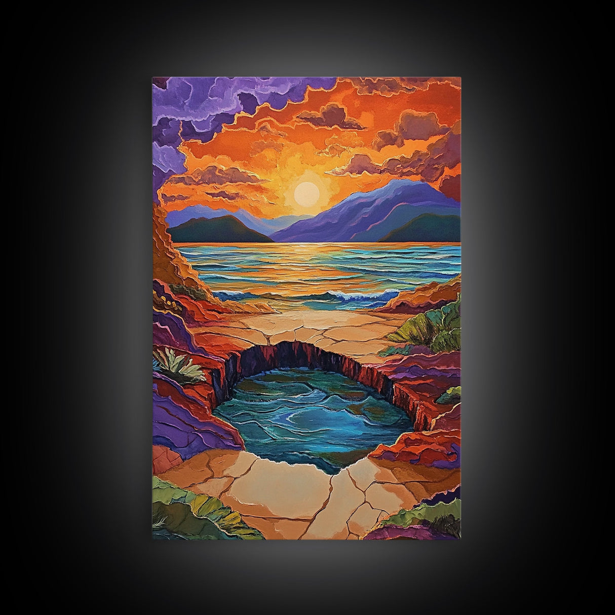 Sunset Lake Reflection, Fiery Sky, Tranquil Water, Mountain Glow, Framed Canvas Print, Bedroom Wall Art, Autumn Decor, Serene Art
