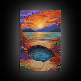 Sunset Lake Reflection, Fiery Sky, Tranquil Water, Mountain Glow, Framed Canvas Print, Bedroom Wall Art, Autumn Decor, Serene Art