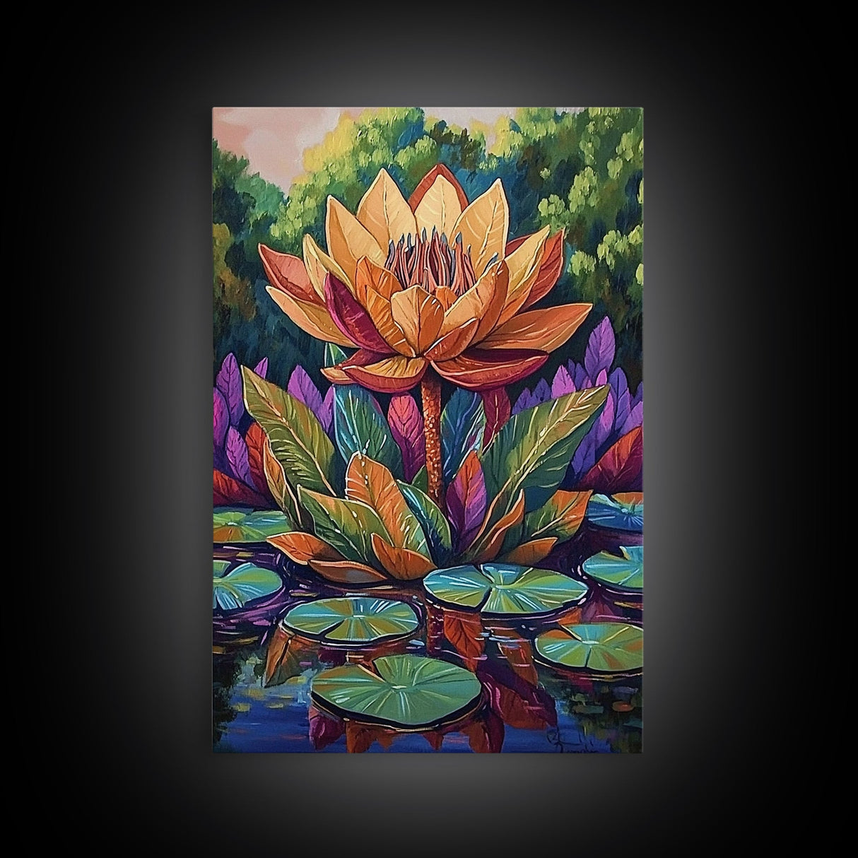 Large Lotus Flower, Tranquil Nature Art, Peaceful Botanical Scene, Framed Canvas Print, Boho Bathroom Wall Art, Zen Decor