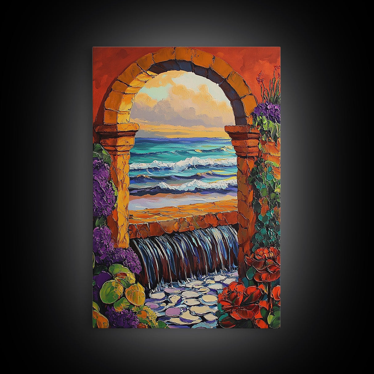Stone Archway Ocean, Dreamy Seaside Scene, Romantic Sunset Art, Framed Canvas Print, Coastal Entryway Wall Art, Vacation Vibes
