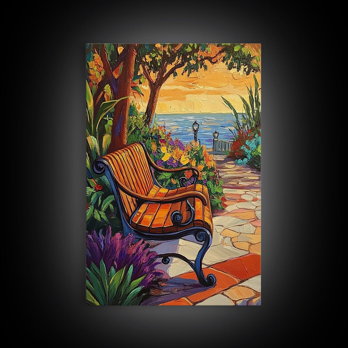 Sunset Garden Bench, Tranquil Nature Art, Romantic Outdoor View, Framed Canvas Print, Cozy Living Room Wall Art, Boho Landscape