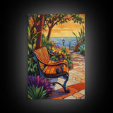Sunset Garden Bench, Tranquil Nature Art, Romantic Outdoor View, Framed Canvas Print, Cozy Living Room Wall Art, Boho Landscape