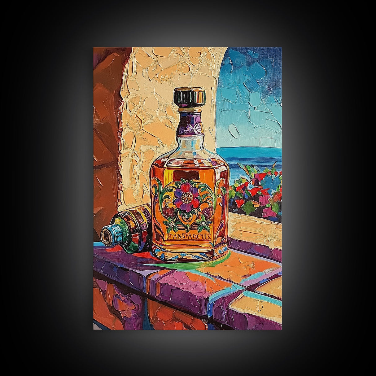 Tequila Bottle, Colorful Spirits, Bar Decor, Still Life, Framed Canvas Print kitchen wall art, Mexican bar art, fiesta rustic painting