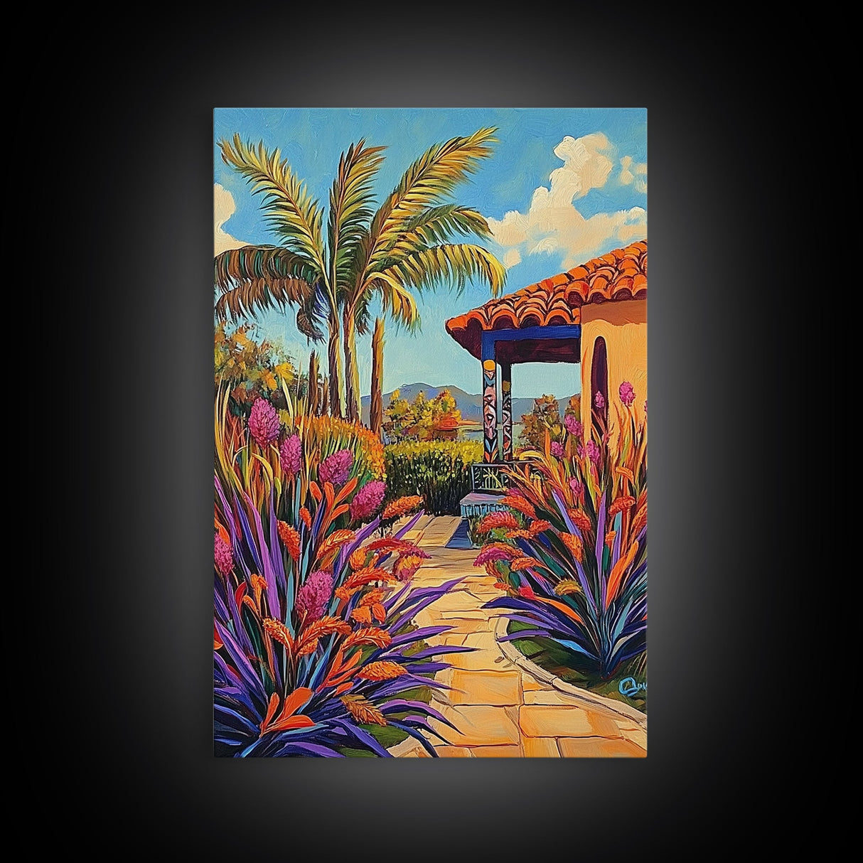 Tropical Path, Palm Trees, Garden Walkway, Vibrant Flora, Framed Canvas Print patio decor, vacation home wall art, coastal impressionist