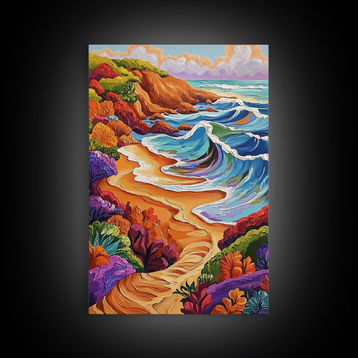 Colorful Beach, Tropical Waves, Vibrant Landscape, Coastal Flowers, Framed Canvas Print, boho art, sunroom wall decor, beach house painting