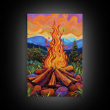 Flames Forest, Dusk, Firelight, Framed Canvas Print rustic bonfire wall art, forest painting, Autumn cabin decor, cozy living room wall art