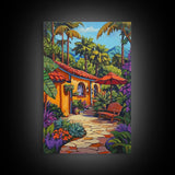 Tropical Courtyard, Retreat, Pathway, Framed Canvas Print, vibrant tropical patio scene, colorful garden art, Spanish boho home decor