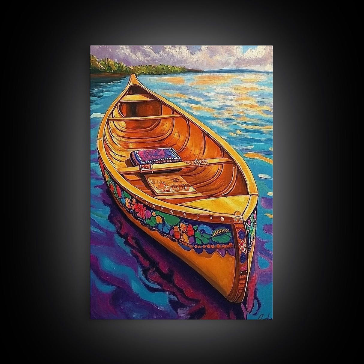 Canoe Tranquil, Reflection, Water, Canvas Print, vibrant lake, boat painting, colorful water art, lakehouse decor, boho bedroom wall art