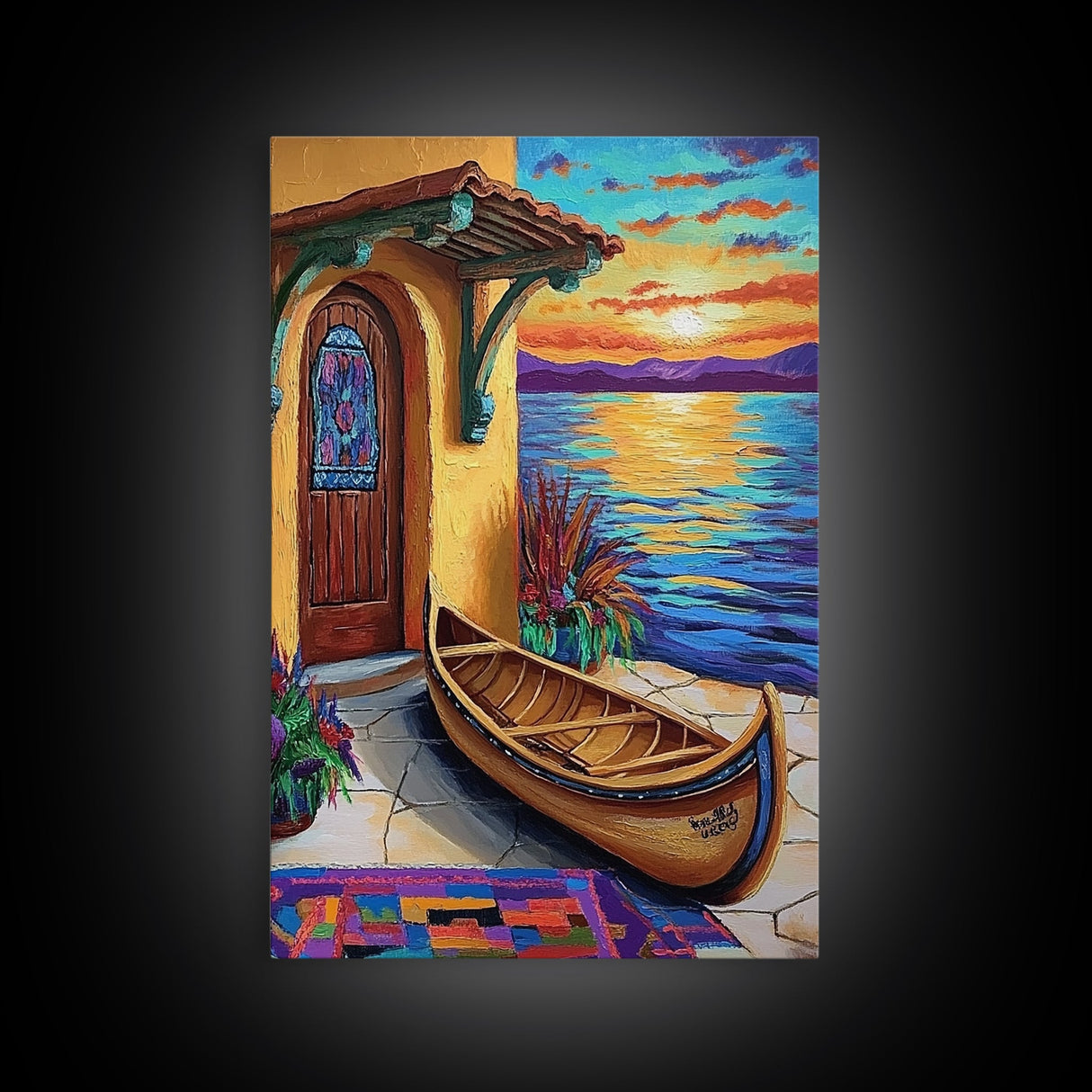 Lakeside Sunset, Canoe, Serenity, Framed Canvas Print, rustic lakefront, sunset art, cozy cabin vibe, boho lakehouse wall art, den art