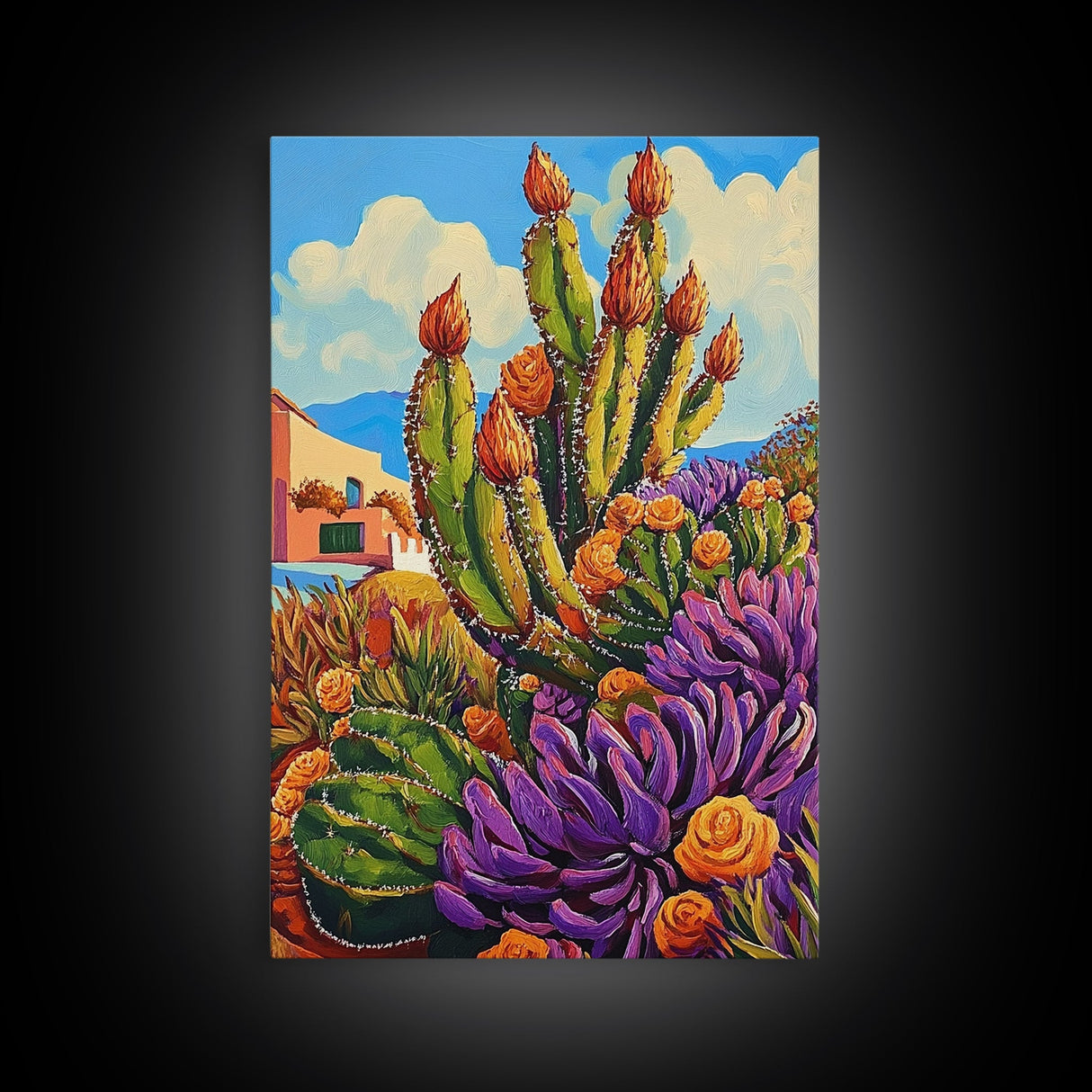 Cactus Flowers, Desert, Bright Succulent Garden, Framed Canvas Print, Colorful Kitchen Wall Art, Boho Desert Decor, Eclectic Nature Style