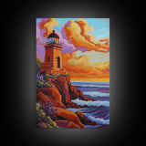 Lighthouse Sunset, Waves, Dramatic Coastal Sunset, Framed Canvas Print, Nautical Office Wall Art, Fall Coastal Decor, Bold Color Painting