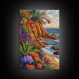 Tropical Coast, Flowers, Waves, Framed Canvas Print vibrant beach cliff wall art, coastal botanical boho decor, Living Room Wall Art