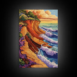 Waves Cliffs, Nature Surf, Canvas Print dramatic ocean surf painting, coastal boho landscape art, Living Room Wall Art, beachy decor