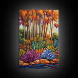 Autumn Forest, Leaves Colorful, Framed Canvas Print bright fall foliage nature painting, botanical boho forest scene, Kitchen Wall Art