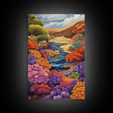 River, Desert, Floral, Art, Canvas Print, Colorful floral river scene with desert hills, perfect bedroom or hallway Southwestern wall art