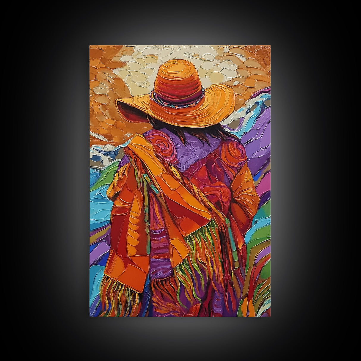 Woman, Hat, Mountains, Blanket, Canvas Print, Southwest-inspired woman with hat and blanket, rustic fall-themed living room wall decor
