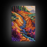 Forest Stream, Autumn, Nature, Framed Canvas Print, Colorful autumn forest creek scene, nature-inspired living room, fall rustic wall art