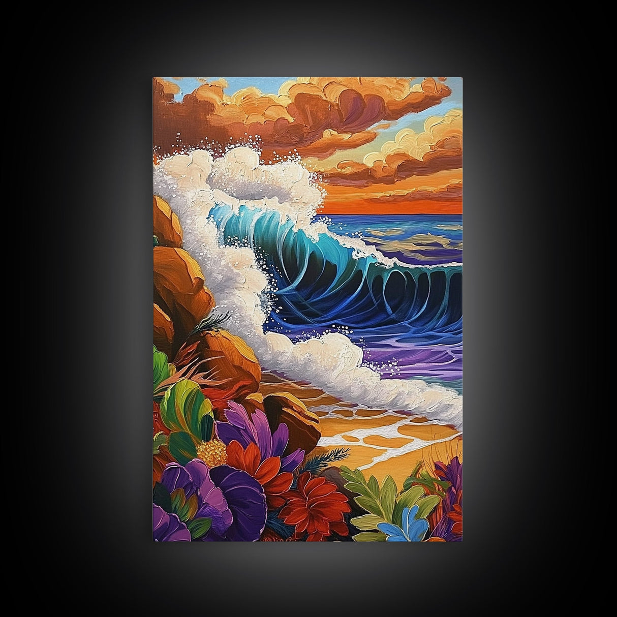 Wave Bold, Ocean, Sunset, Framed Canvas Print, Sunset surf wave crashing on rocks with bold colors, perfect beach house wall art